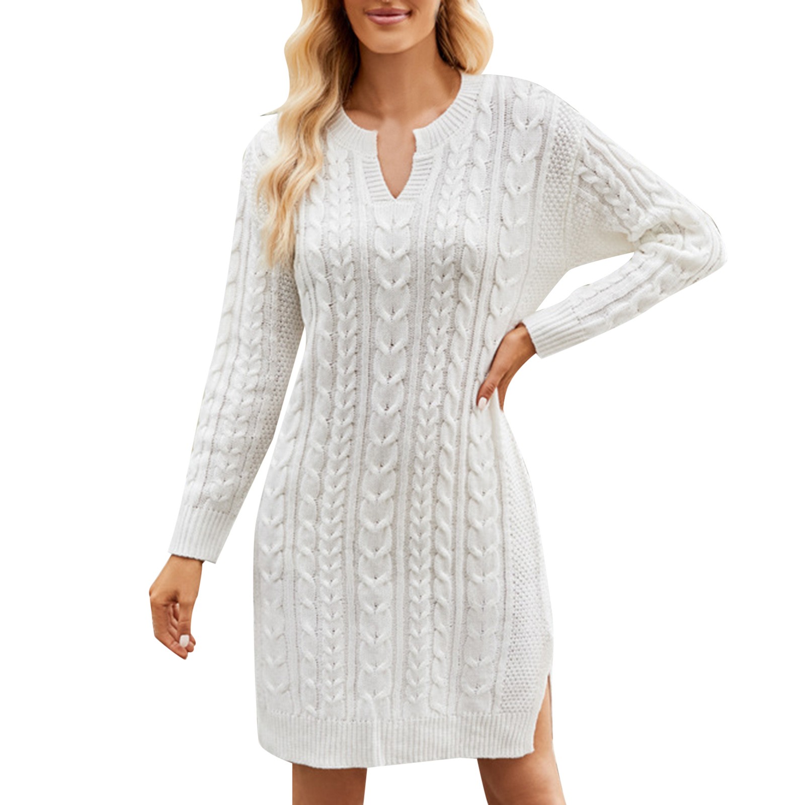 Vestido de punto de largo medio para mujer: diseño liso con abertura, estilo jersey, abrigado para el invierno (tallas S-XXL)